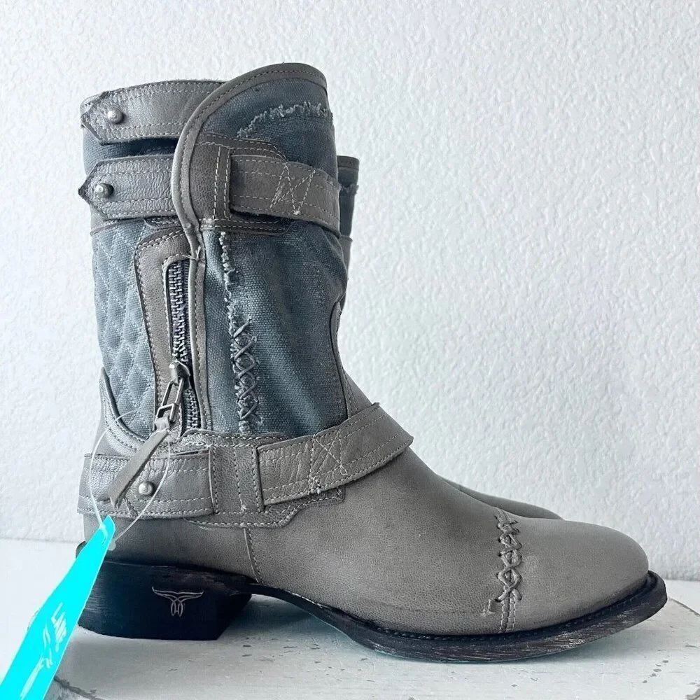 Lane Boots Womens Gray Leater Canvas Mid-Calf Western Moto Style Zip Size 7.5